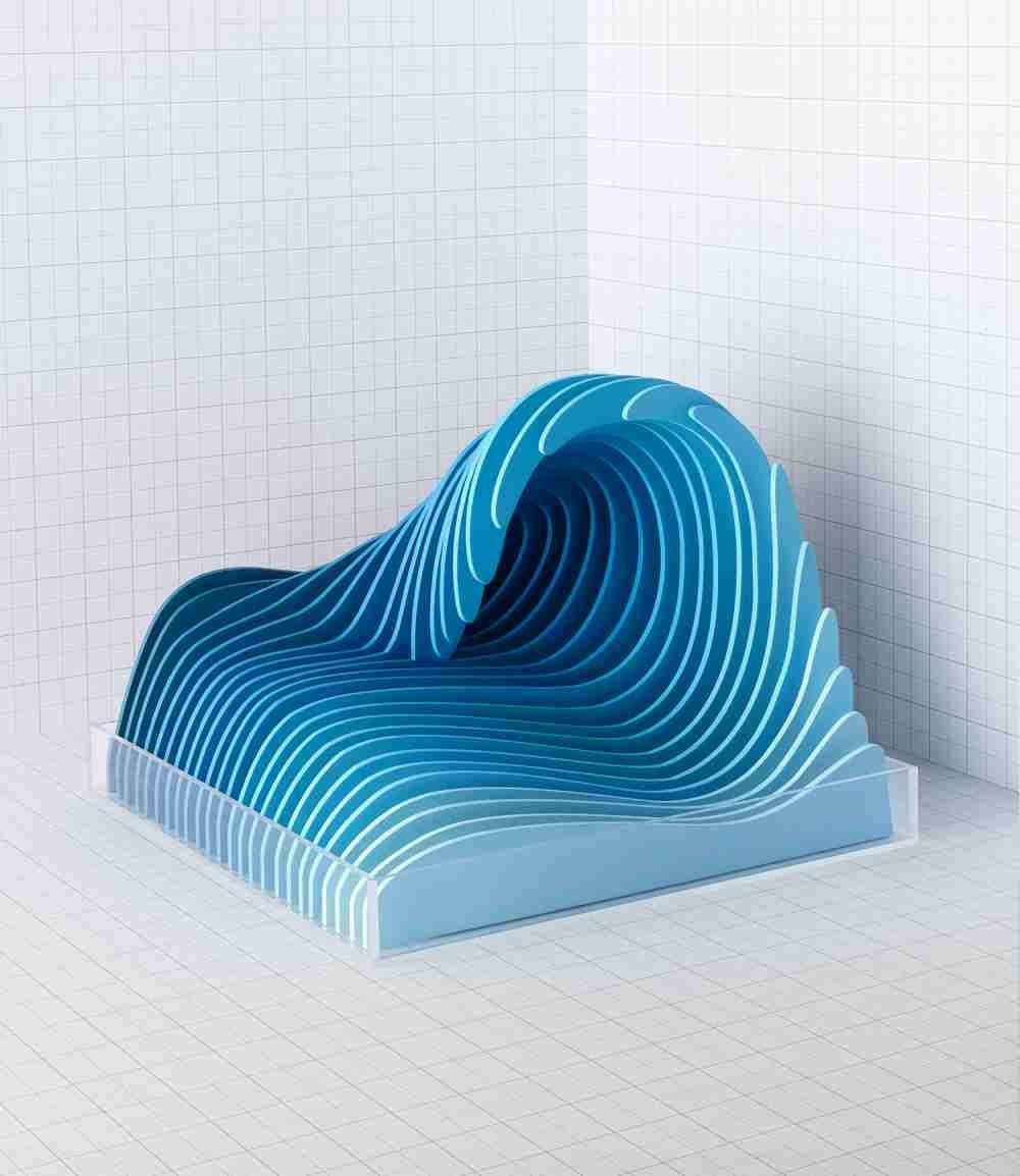 a blue sculpture sitting on top of a white tiled floor