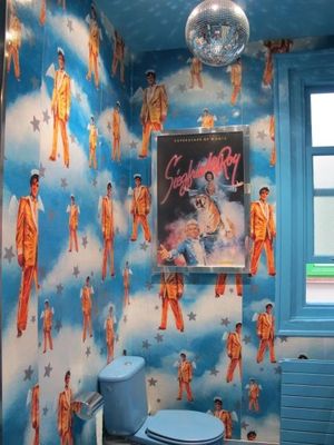 a bathroom with elvis presley wallpaper and a toilet