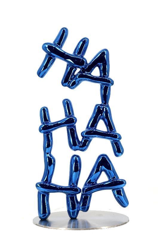 a blue sculpture of letters that spell out a word