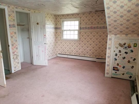 an empty room with pink carpet and wallpaper