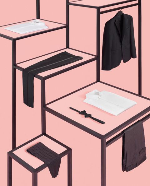 a set of three tables with clothes hanging on them