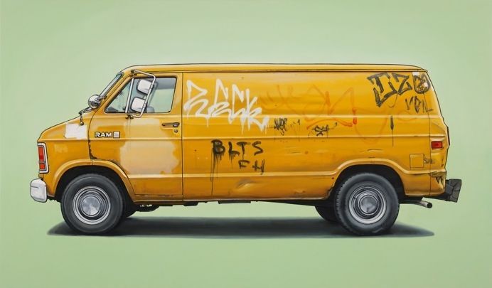 a painting of a yellow van with graffiti on it