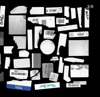 a bunch of tags and stickers on a black background