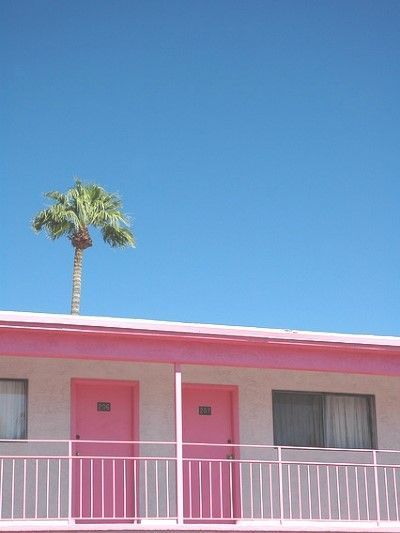 a pink building with a palm tree on top of it