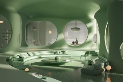 a living room with circular windows and green walls