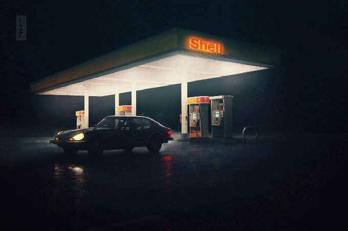 a car parked in front of a gas station at night