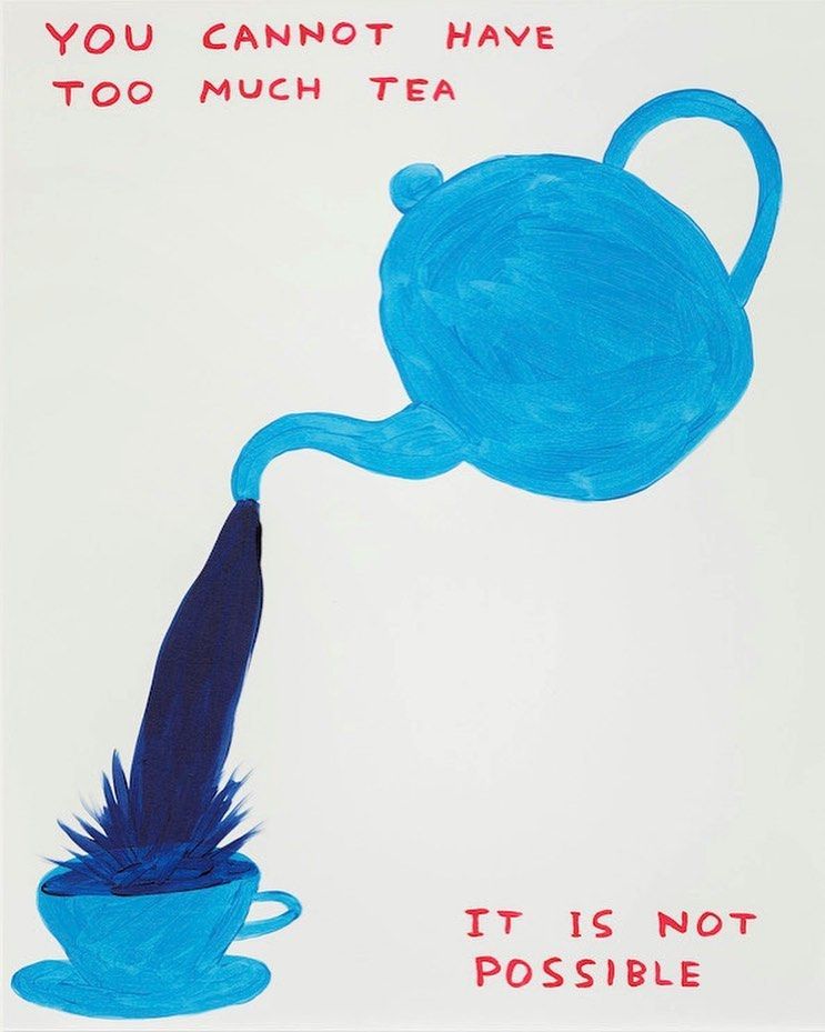 a drawing of a blue teapot with a blue feather coming out of it