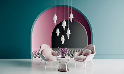 a room with a table, chairs, and a chandelier