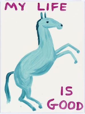 a picture of a blue horse with the words my life is good