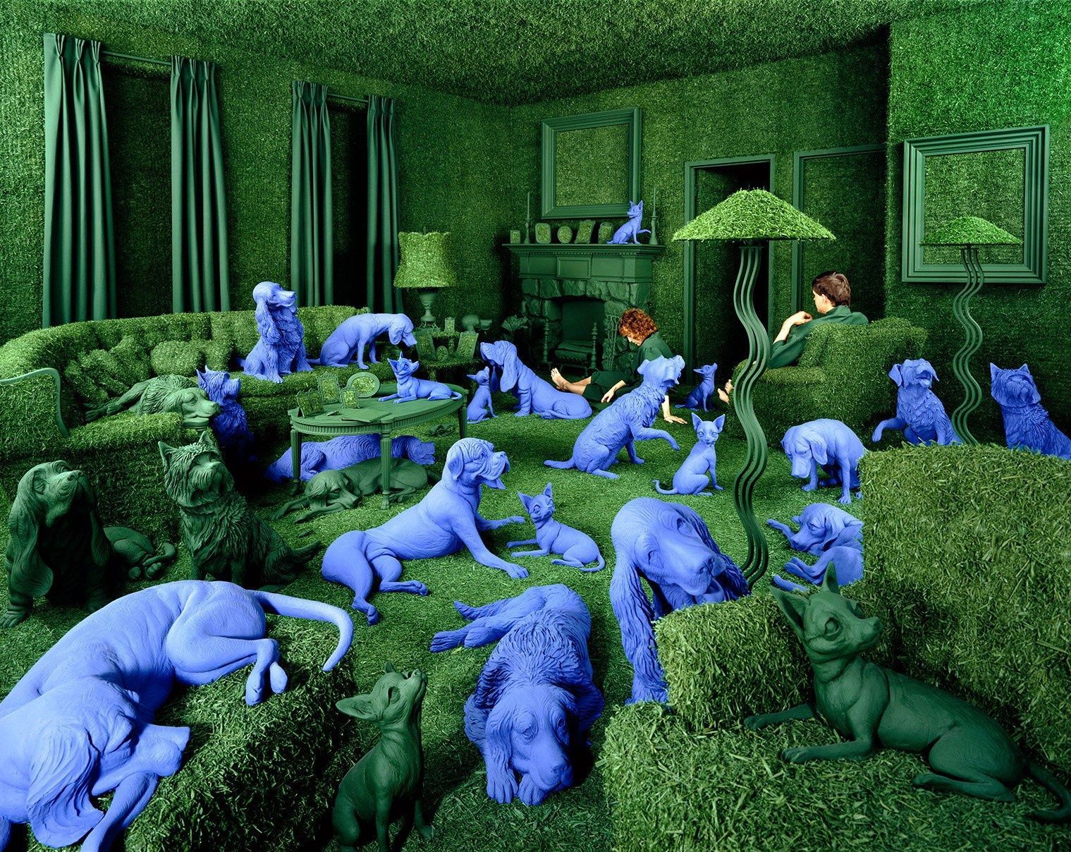 a painting of a living room filled with blue cats