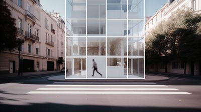 a person walking past a tall glass building