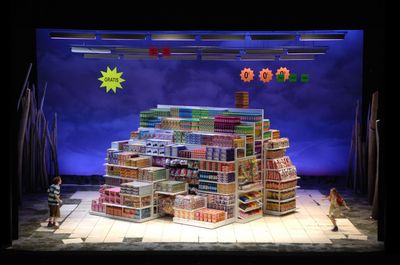 a stage set with a large display of food