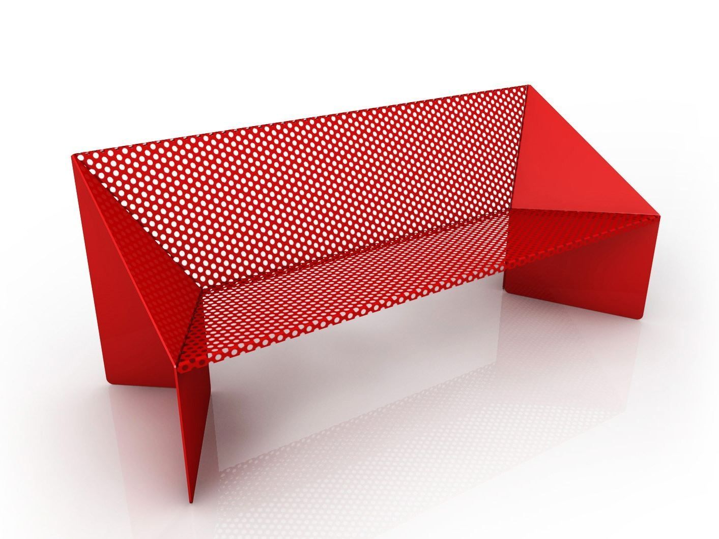 a red bench sitting on top of a white floor