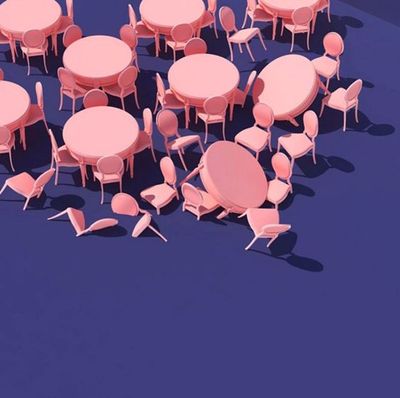 a bunch of pink tables and chairs on a blue surface