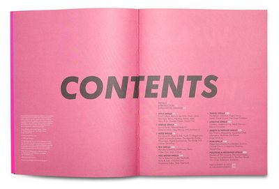 a pink book with the words contents printed on it