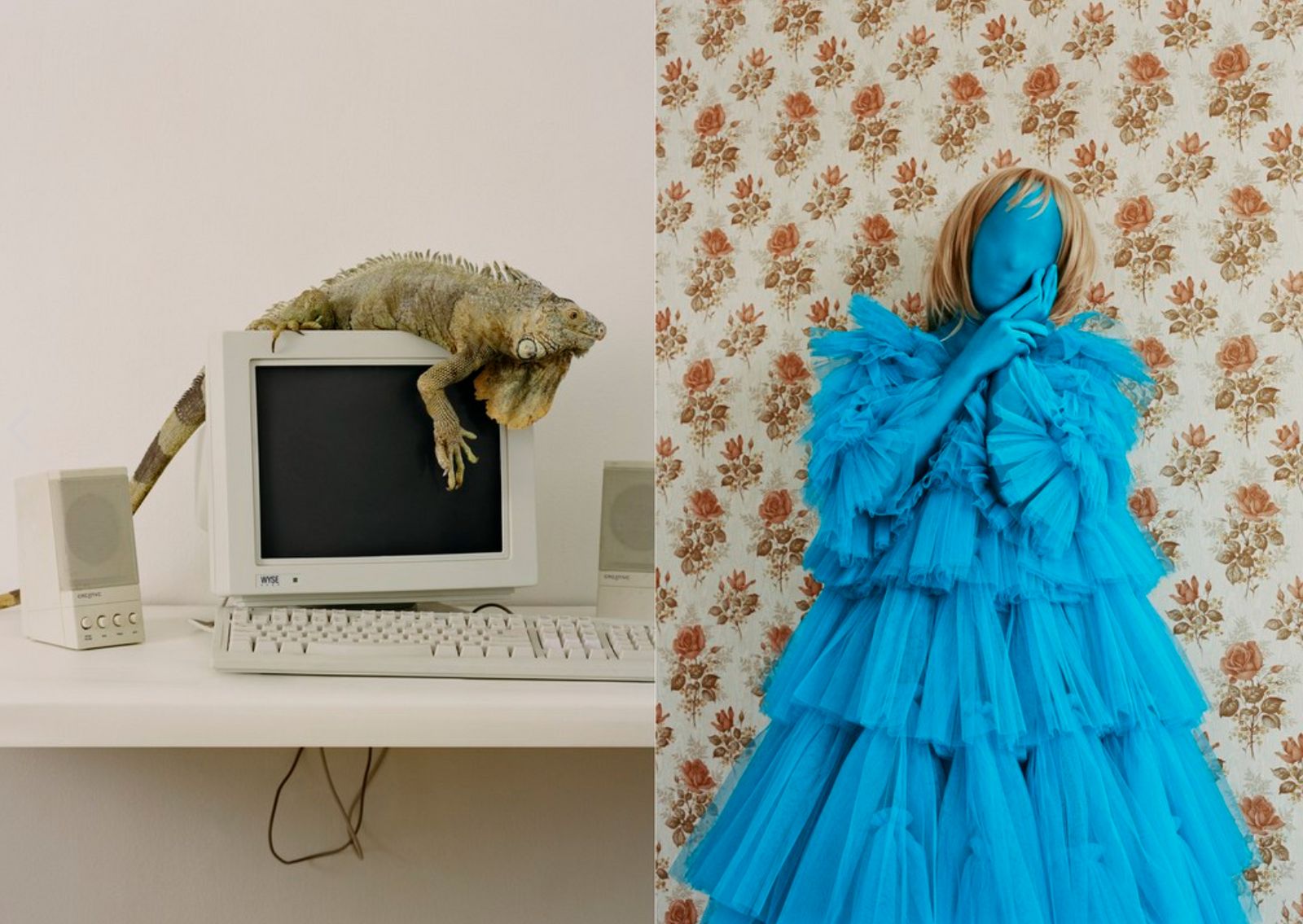 a computer monitor sitting on top of a desk next to a blue dress