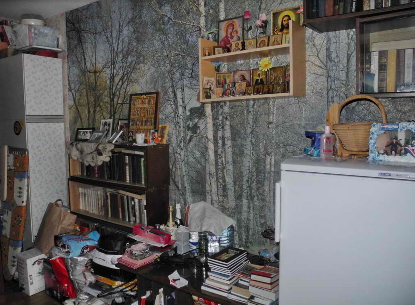 a room with a book shelf and a refrigerator