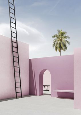 a ladder leaning against a pink wall next to a bench