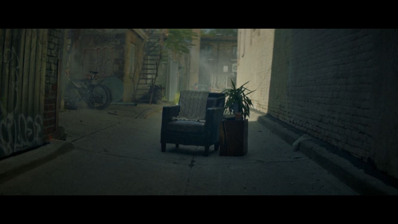 a chair sitting on the side of a street next to a plant