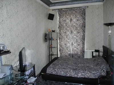 a bedroom with a zebra print bed spread