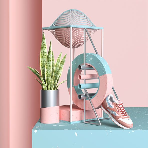 a pink and blue shelf with a plant and a pair of sneakers