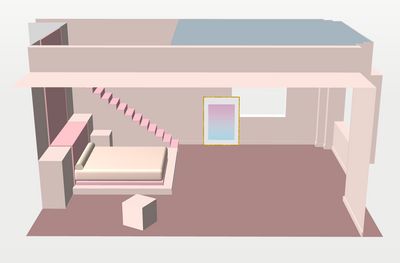 a drawing of a room with a bed and stairs