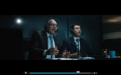 two men sitting at a table in a dark room