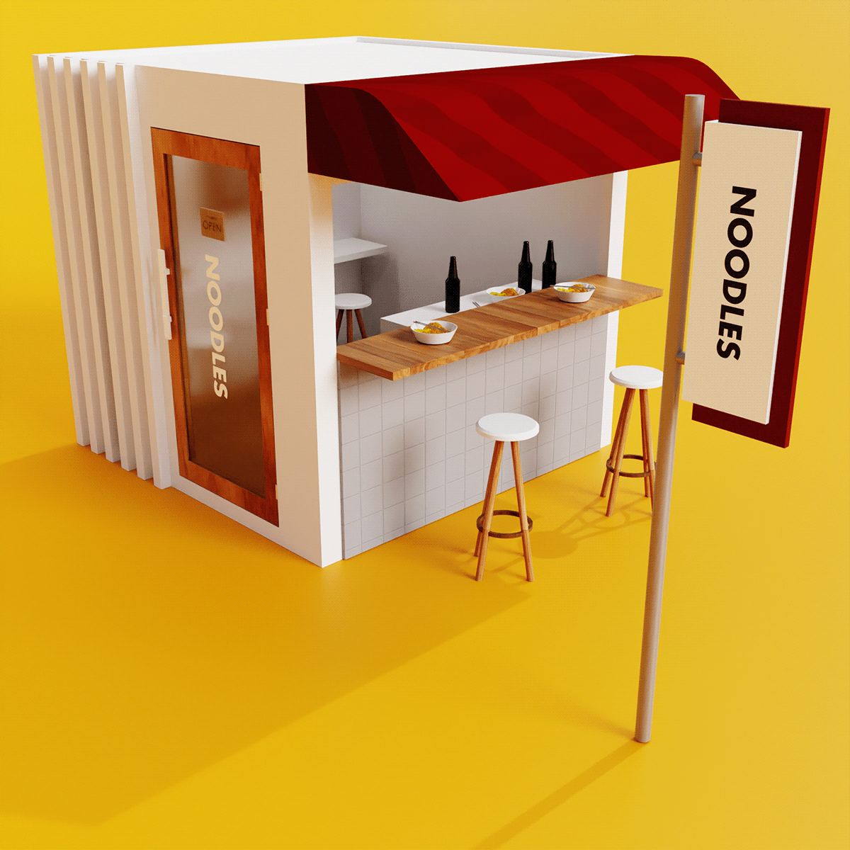 a small food stand with a red awning