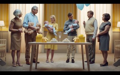 a group of people standing around a table with a baby