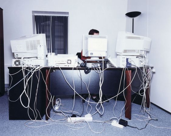 a man sitting at a desk with multiple computers on it