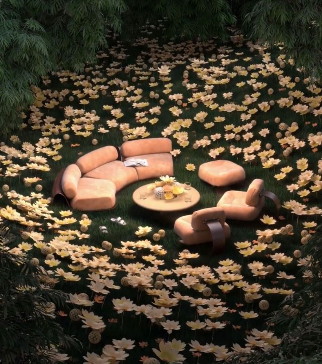 a group of couches sitting on top of a lush green field