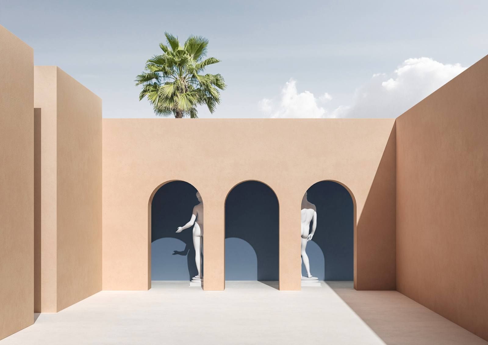 a room with arches and a palm tree in the background