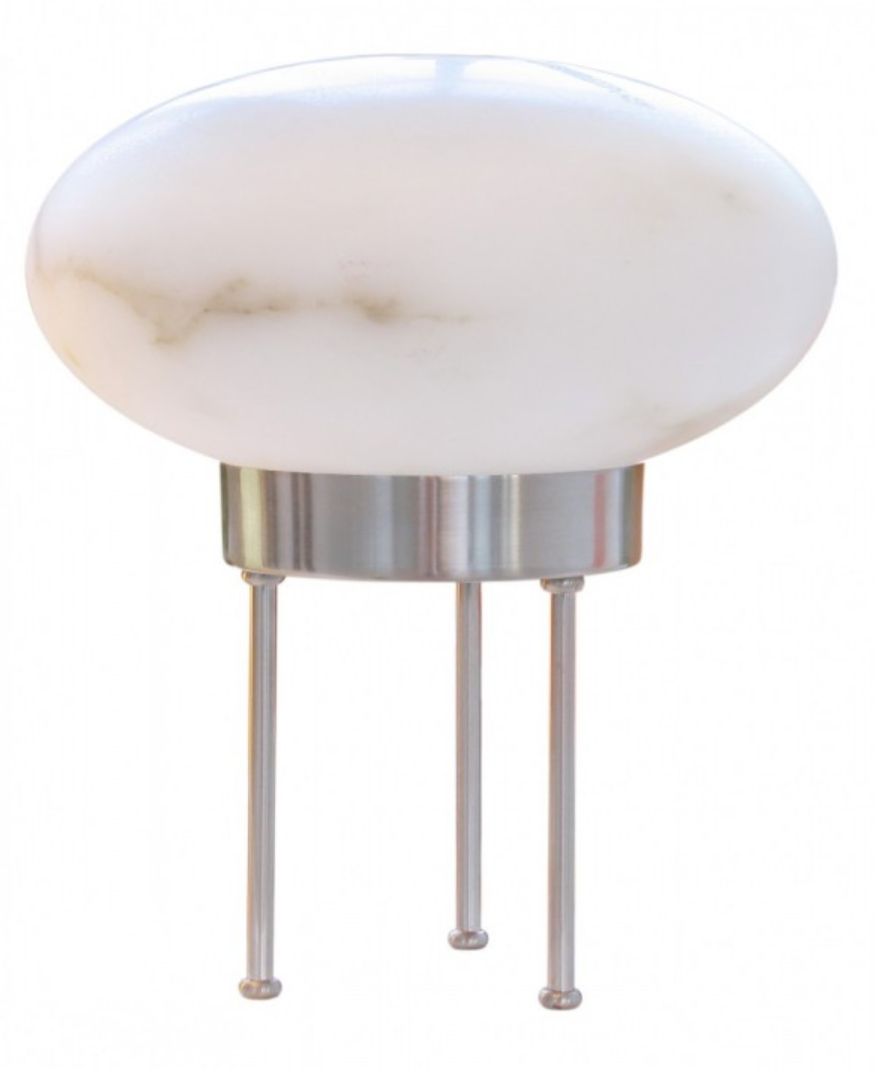 a white table lamp with two metal legs