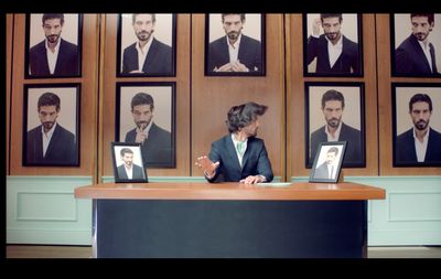 a woman sitting at a desk in front of pictures of men