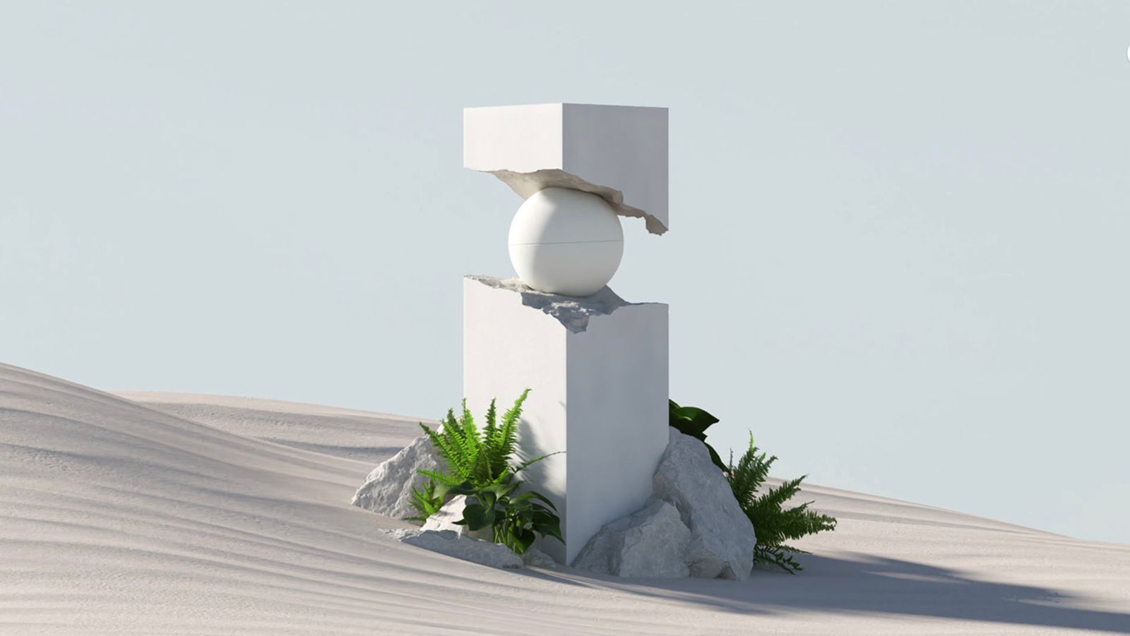 a white sculpture sitting in the middle of a desert