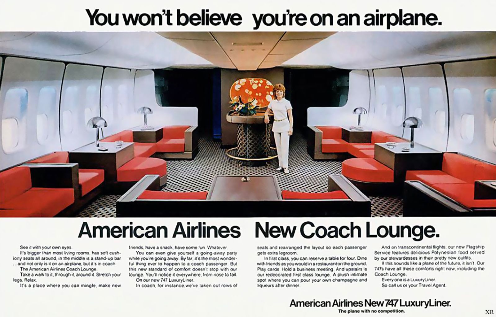 an advertisement for american airlines featuring a woman in a lounge car