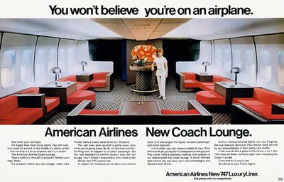 an advertisement for american airlines featuring a woman in a lounge car