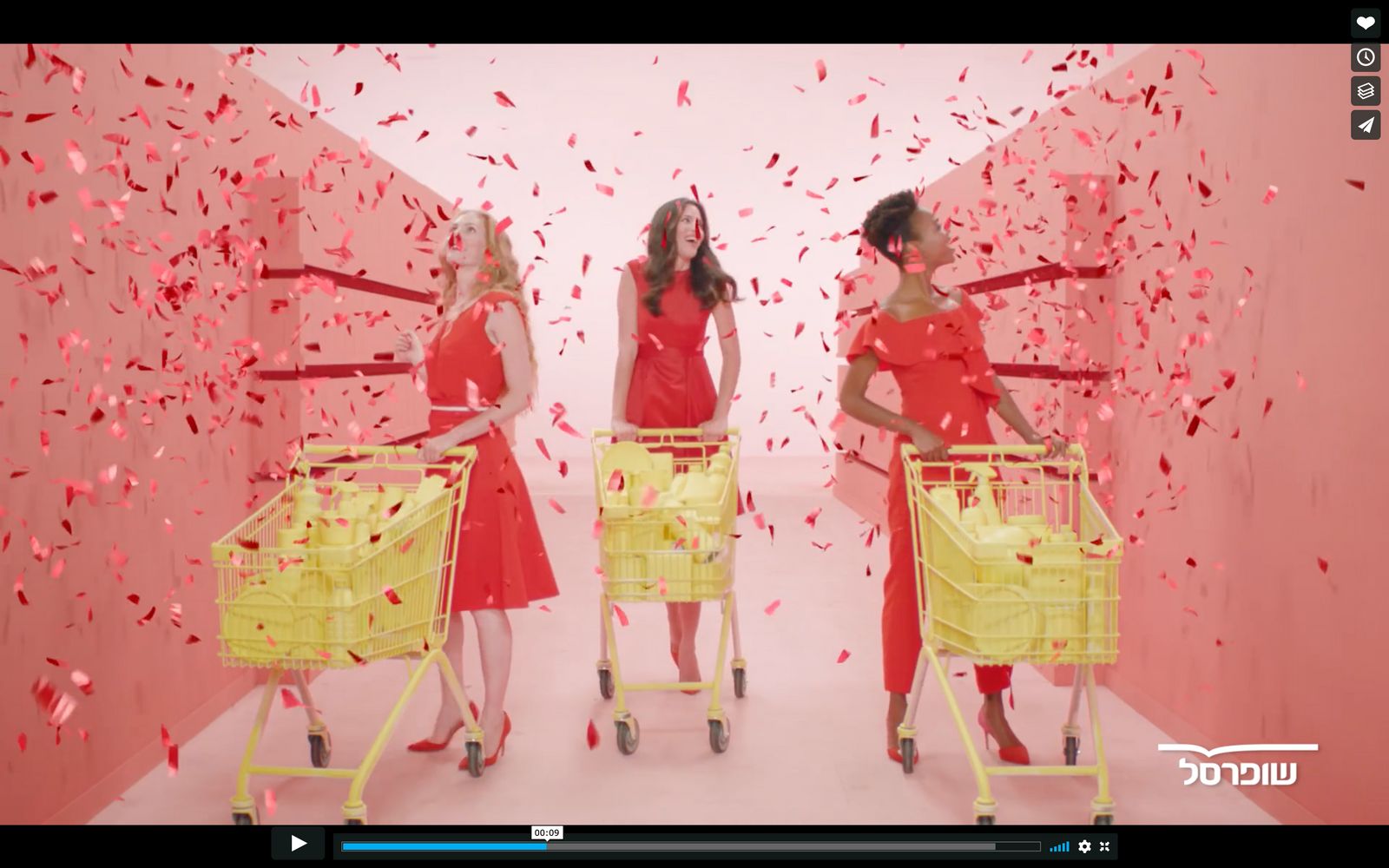 two women in red dresses with yellow shopping carts