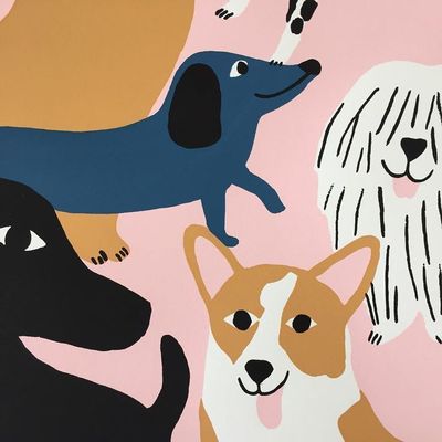 a painting of dogs on a pink background