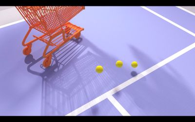 a shopping cart and tennis balls on a tennis court