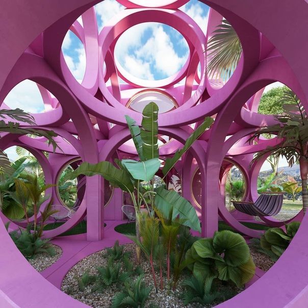 a pink sculpture surrounded by plants and trees