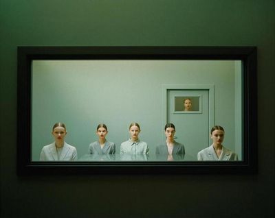 a group of people standing in front of a mirror