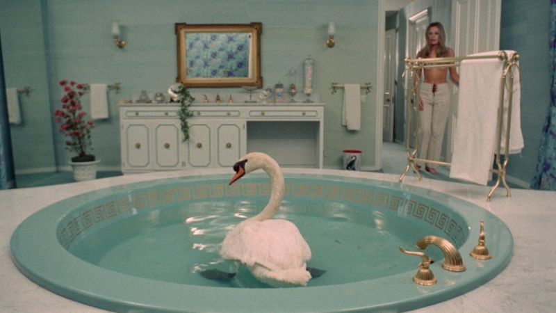 a swan in a bathtub in a bathroom