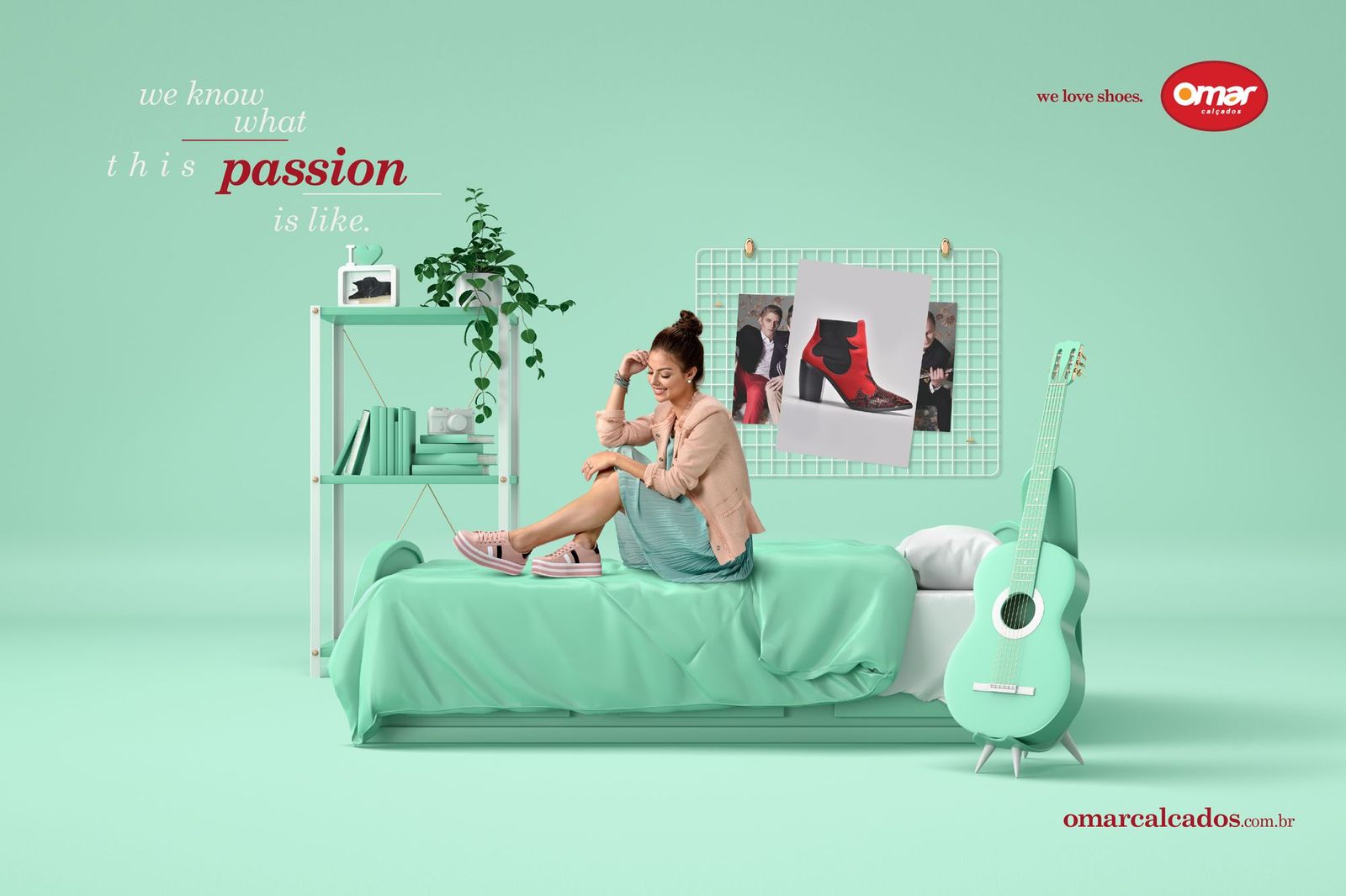 a woman sitting on a bed with a green bed spread