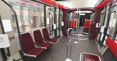 a rendering of a train with red seats