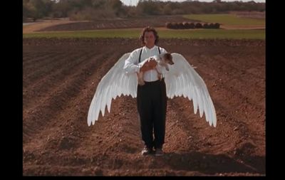 a man standing in a field holding a large white bird