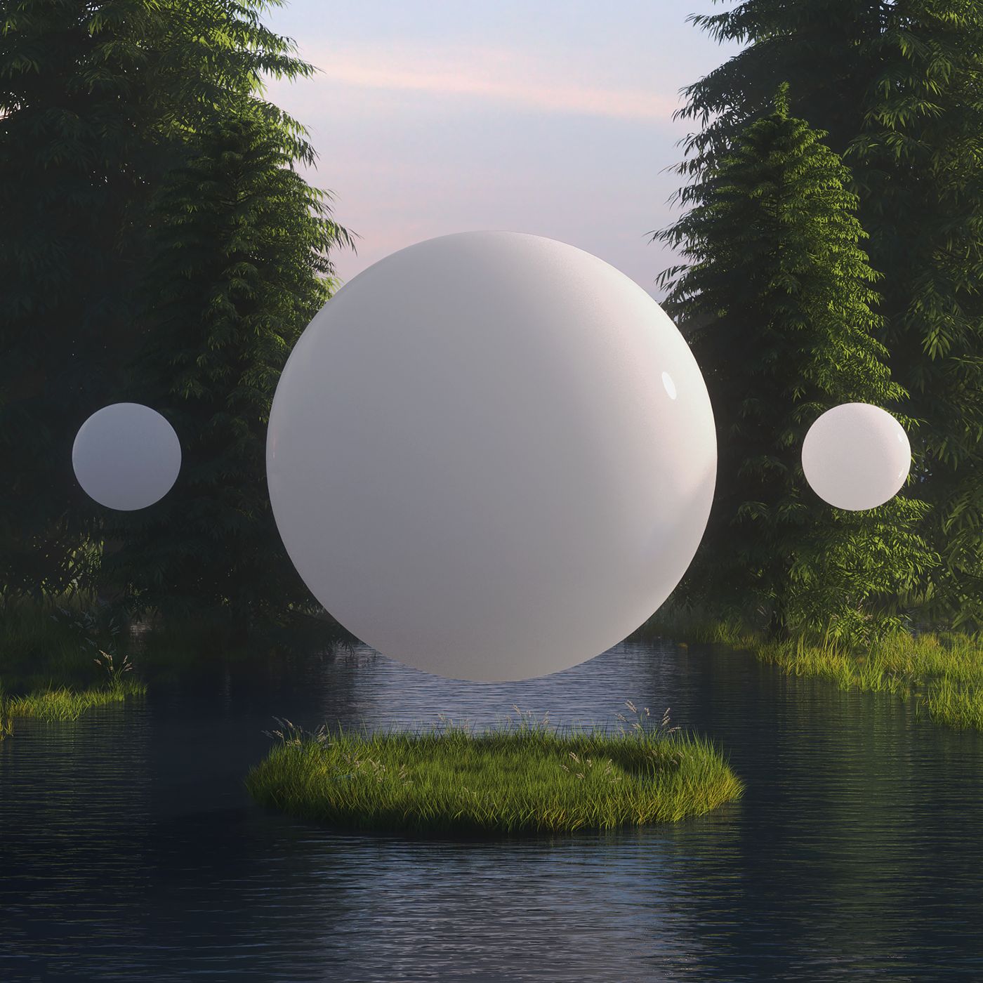 three white balls floating in the air over a body of water