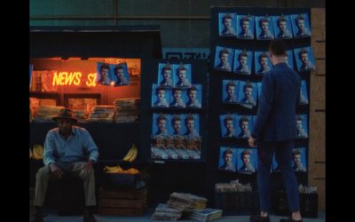 a man sitting on a bench in front of a news stand