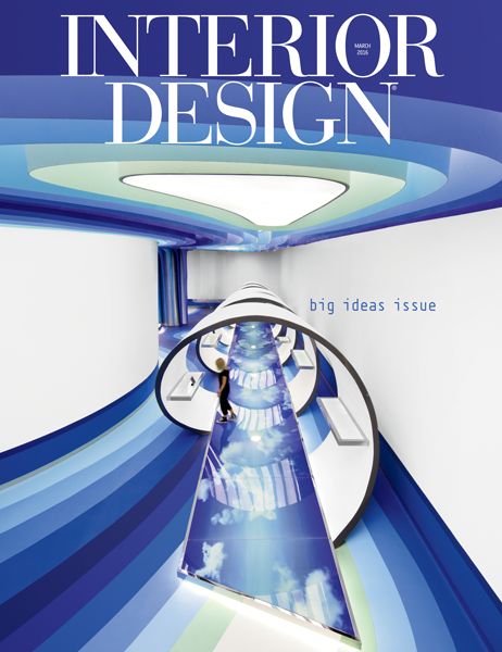 the cover of a magazine with a blue and white background