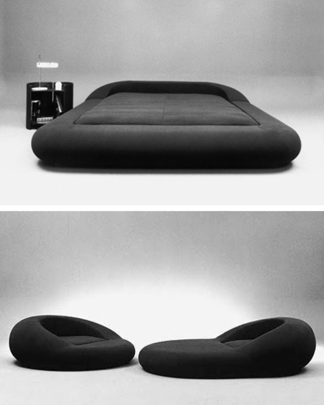 a black and white photo of a bed and a camera